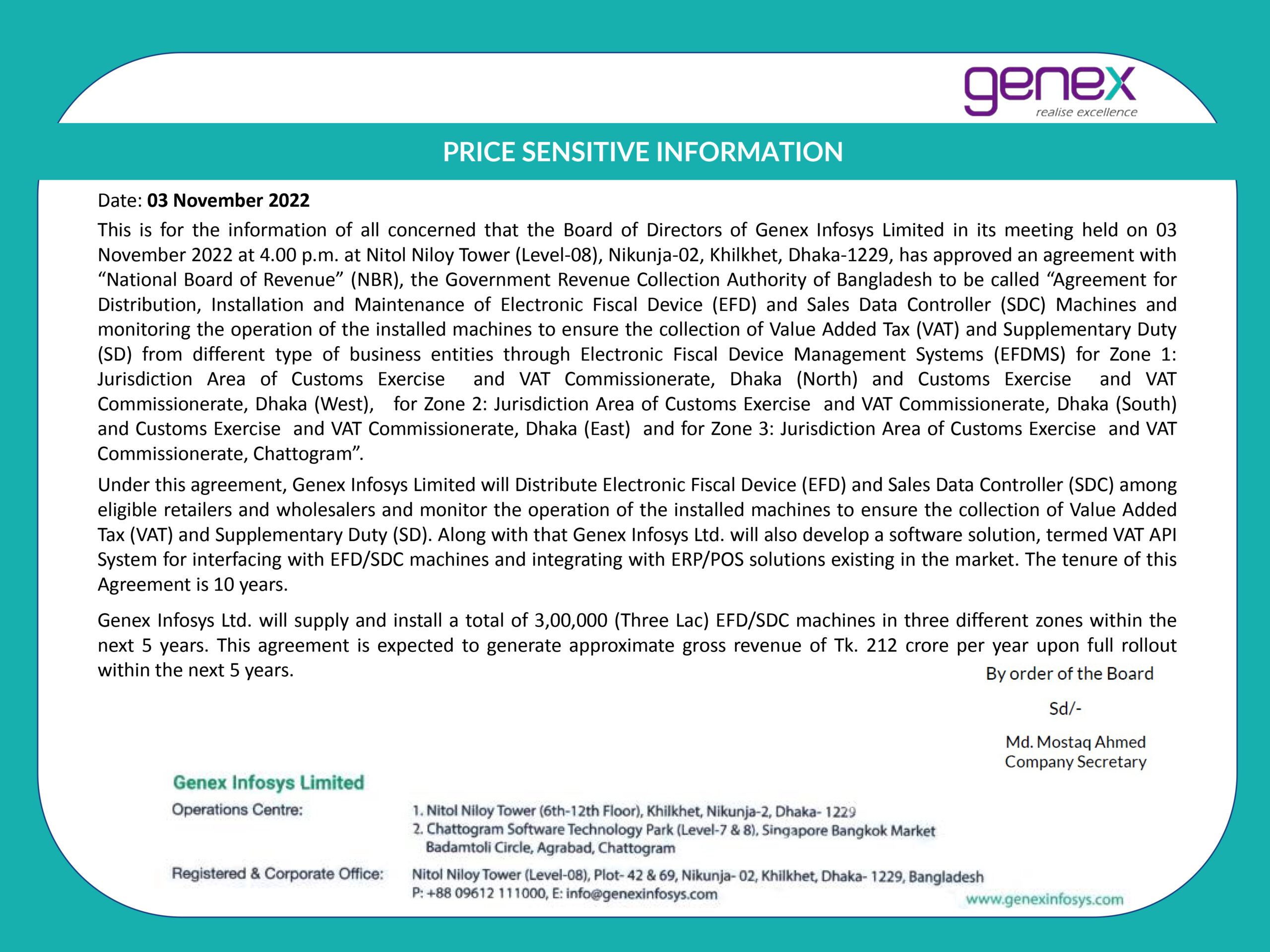 Price Sensitive Information of Genex-Infosys Limited