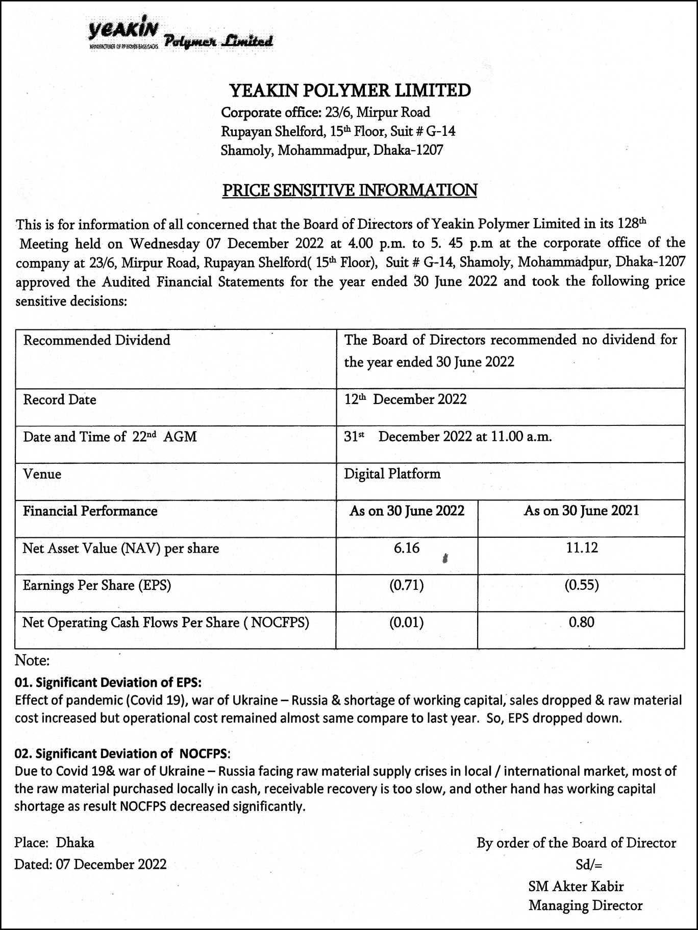 Price Sensitive Information of Yeakin Polymer Limited